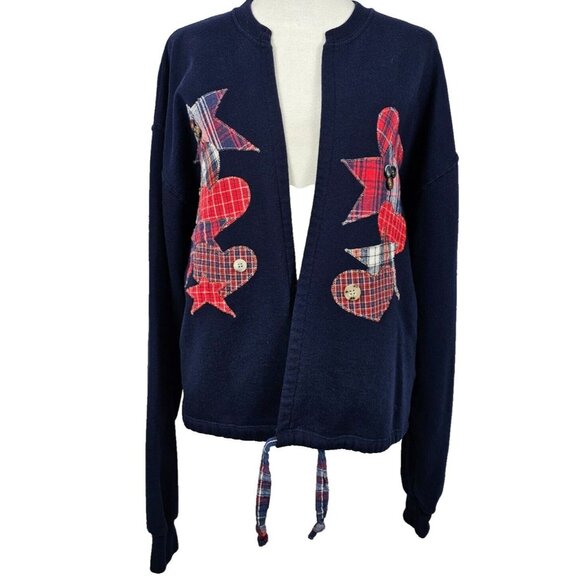 VTG Womens LG Sweater Open Cardigan Jerzees Patchwork Heart Navy Blue Applique - Picture 1 of 16